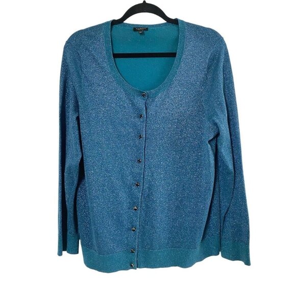 Talbots Sweater Women Blue Glitter Knit Cardigan Holiday‎ Jeweled Buttons 1XP 1X - Picture 1 of 5